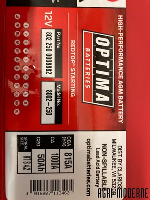 DIVERS FOURNITURES - Batterie - BATTERIE OPTIMA 12V 815A démarrage 50Ah